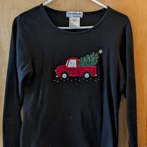 NorthStyle Christmas Tree Red Truck 3/4 sleeve Black Tee 100% Cotton Size S/P